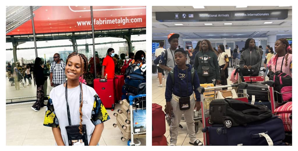 A photo collage showing Charlia Kweh (left) at the Kotoka International Airport prior to take off and with her fellow Campers upon arrival at the Toronto Airport in Canada